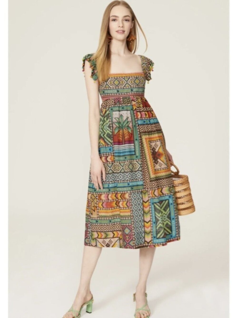 Farm Rio Banana Scarves Midi Dress Tropical Beach Travel Beaded Dress